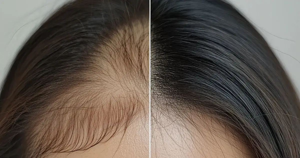 Woman with thick, voluminous, and healthy-looking hair, reflecting the successful outcome of hair loss treatment and restoration.